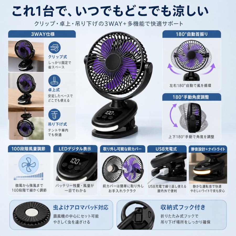 クリップ 扇風機 小型 卓上扇風機 静音 クリップファン サーキュレーター usb充電式 首振り 壁掛け 5段階風量調節 12H連続稼働 dcモーター 軽量 熱中症対策 |  | 02