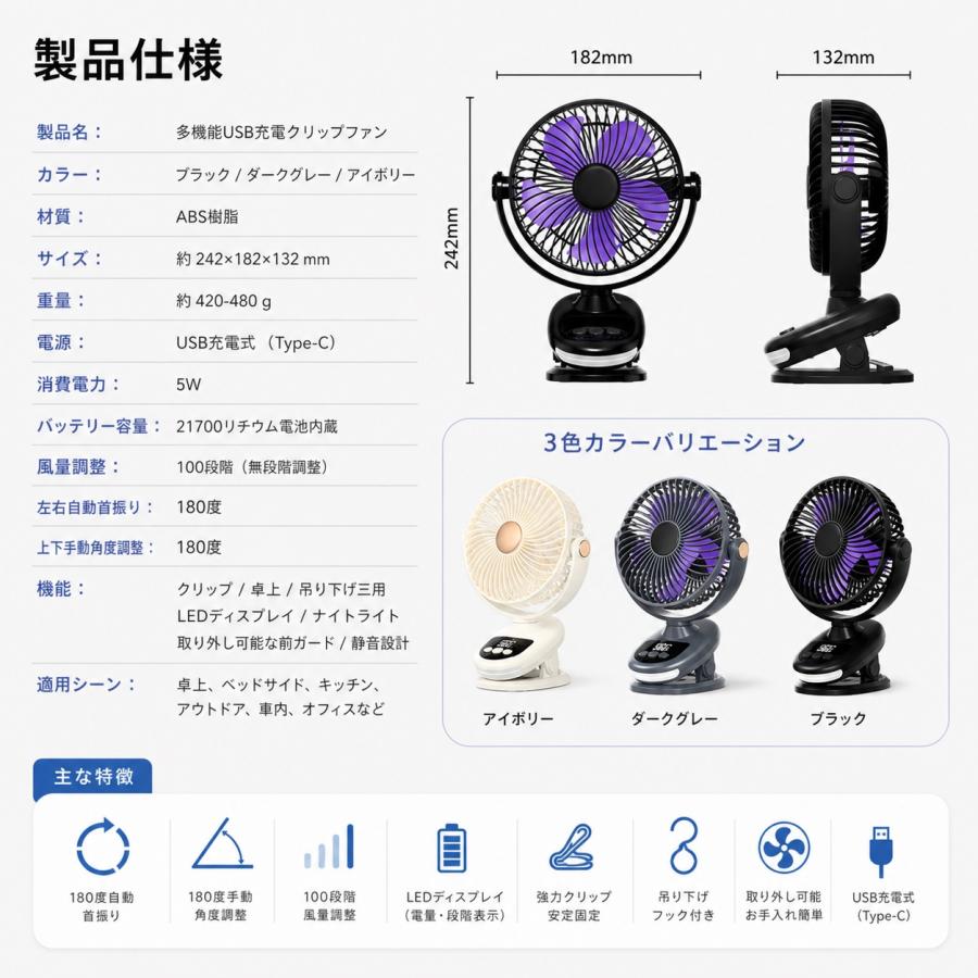 クリップ 扇風機 小型 卓上扇風機 静音 クリップファン サーキュレーター usb充電式 首振り 壁掛け 5段階風量調節 12H連続稼働 dcモーター 軽量 熱中症対策 |  | 04