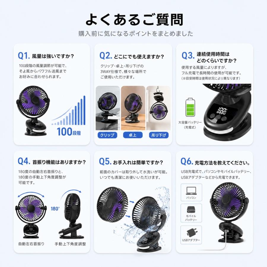 クリップ 扇風機 小型 卓上扇風機 静音 クリップファン サーキュレーター usb充電式 首振り 壁掛け 5段階風量調節 12H連続稼働 dcモーター 軽量 熱中症対策 |  | 05