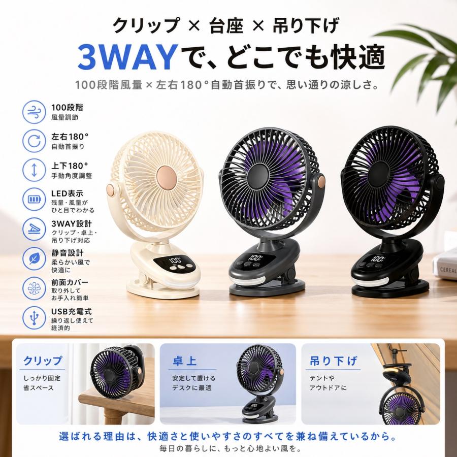 クリップ 扇風機 小型 卓上扇風機 静音 クリップファン サーキュレーター usb充電式 首振り 壁掛け 5段階風量調節 12H連続稼働 dcモーター 軽量 熱中症対策 |  | 06