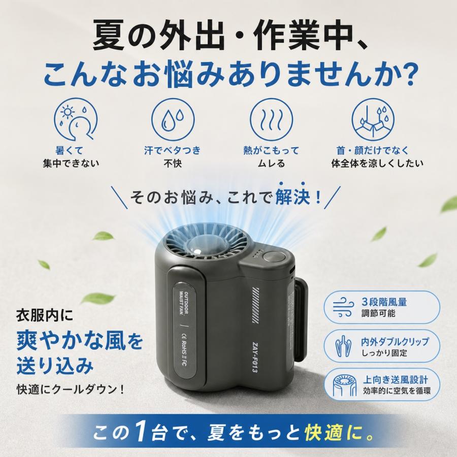 腰掛け扇風機 冷却プレート付き ベルトファン 超高速 強力送風 4500mAh大容量 4way手持ち 首掛け 卓上 腰掛け ハンディファン 静音 軽量 熱中症対策 |  | 01
