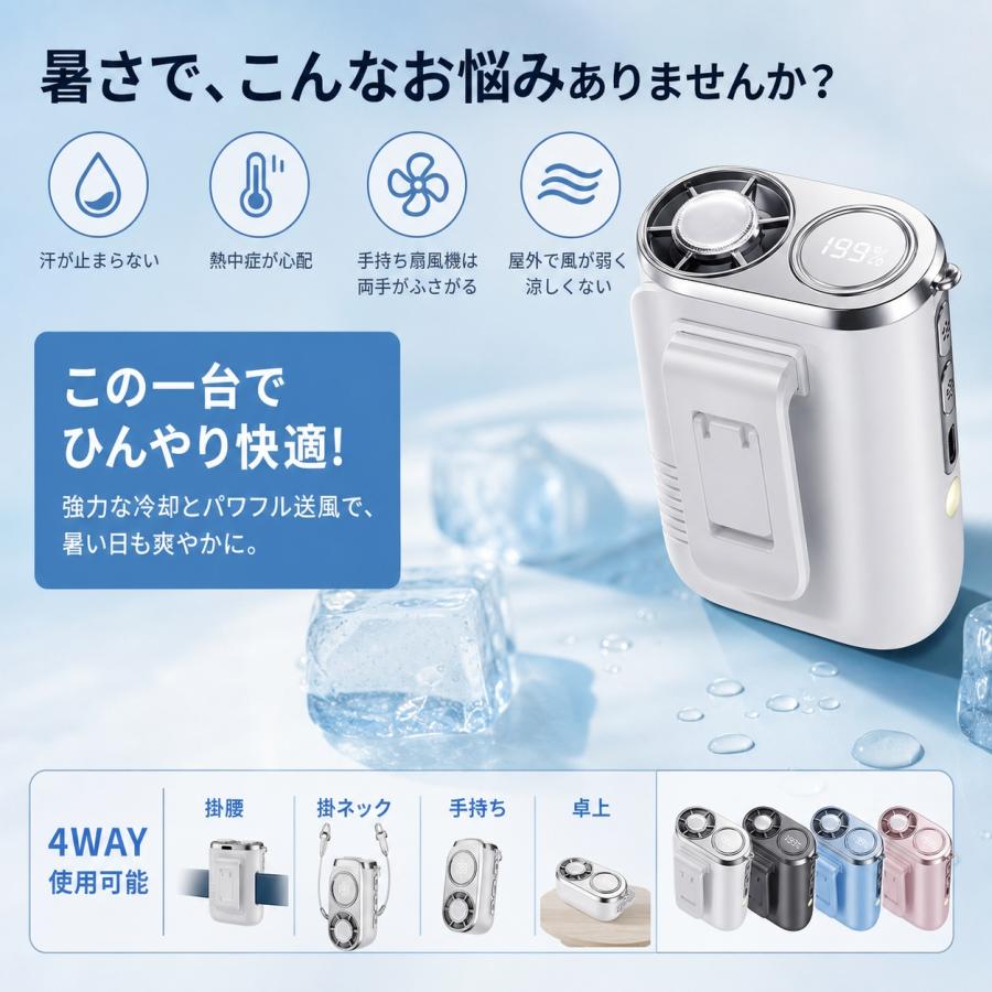 腰掛け扇風機 腰掛けファン 携帯扇風機 冷却 強力 ベルトファン 冷却プレート付き 扇風機 冷風機 3000mAh 長時間稼働 LED表示 首掛けファン ハンディファン |  | 01