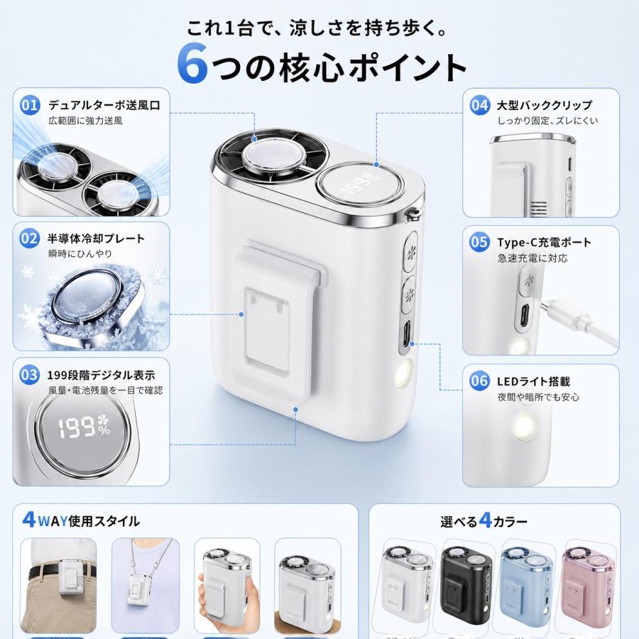 腰掛け扇風機 腰掛けファン 携帯扇風機 冷却 強力 ベルトファン 冷却プレート付き 扇風機 冷風機 3000mAh 長時間稼働 LED表示 首掛けファン ハンディファン |  | 02