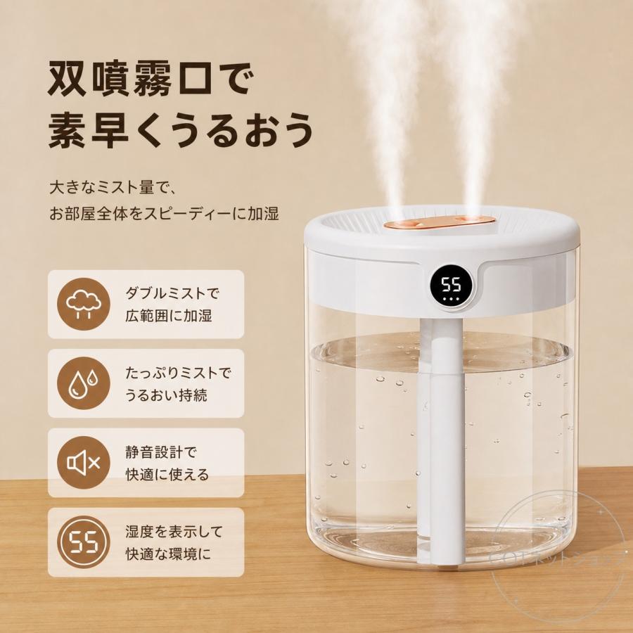加湿器 卓上 卓上加湿器  2L 大容量 上部給水 湿度表示 ダブル噴霧 無段階調節 LEDライト 静音 省エネ お手入れ簡単 乾燥対策 寝室 オフィス リビング デスク用 |  | 03