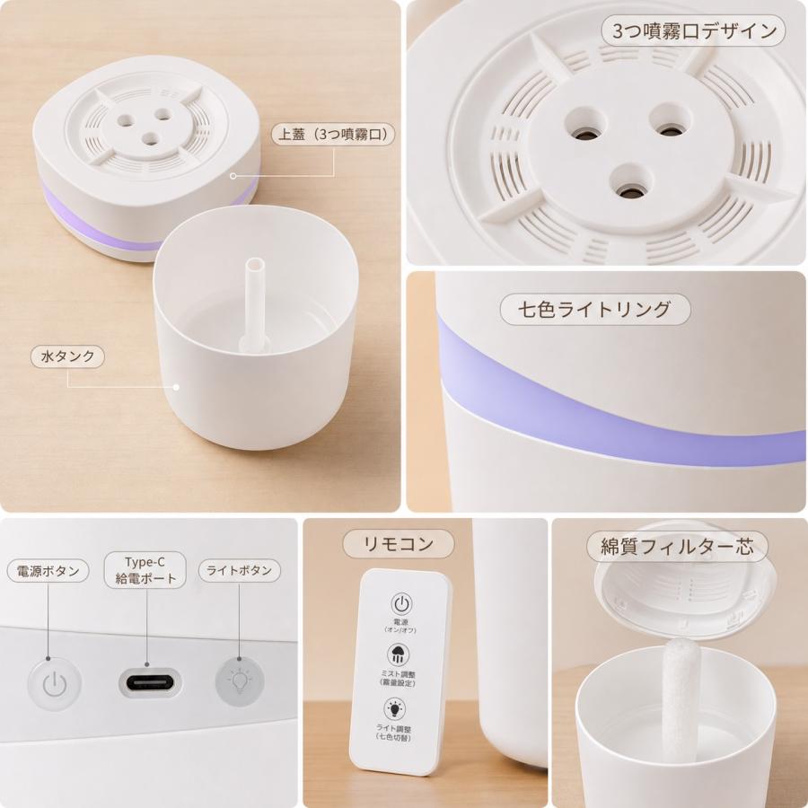 2026進化型 加湿器 5L 大容量 卓上加湿器 トリプルスプレー 強力加湿 LEDライト付 3段階静音 お手入れ簡単 type-C ウイルス対策 乾燥防止 花粉 オフィス 寝室 |  | 04