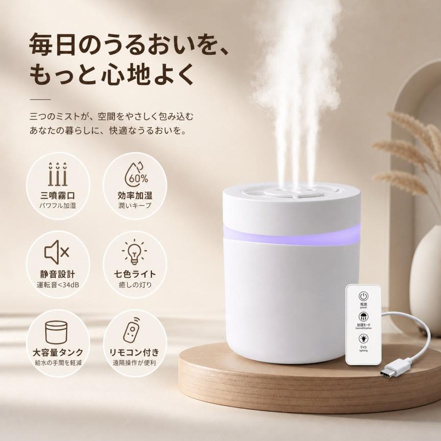 2026進化型 加湿器 5L 大容量 卓上加湿器 トリプルスプレー 強力加湿 LEDライト付 3段階静音 お手入れ簡単 type-C ウイルス対策 乾燥防止 花粉 オフィス 寝室 |  | 06