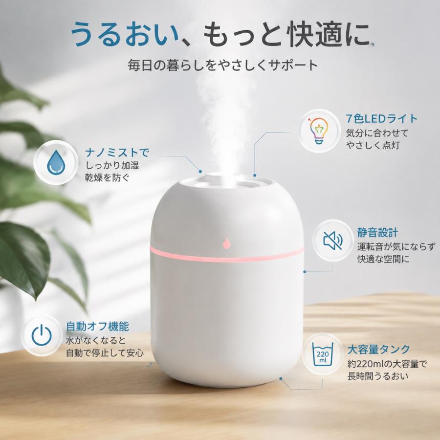 2026最新型 加湿器 卓上 220ml 小型 卓上加湿器 ミスト調節 2段階加湿 LEDライト付 静音 お手入れ簡単 水漏れ防止 空焚き防止 ウイルス対策 乾燥防止 花粉 |  | 02