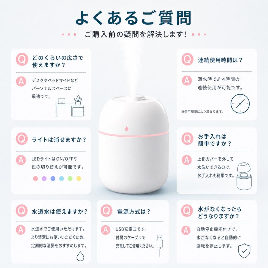 2026最新型 加湿器 卓上 220ml 小型 卓上加湿器 ミスト調節 2段階加湿 LEDライト付 静音 お手入れ簡単 水漏れ防止 空焚き防止 ウイルス対策 乾燥防止 花粉 |  | 05