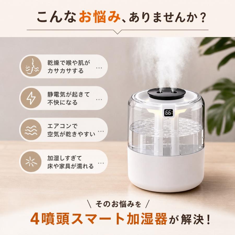 2026最新型 加湿器 卓上 大容量1.3L 超音波加湿器 小型 卓上加湿器 4連噴霧ノズル ミスト調節 3段階 LEDライト付 静音 お手入れ簡単 ウイルス対策 乾燥防止 |  | 01