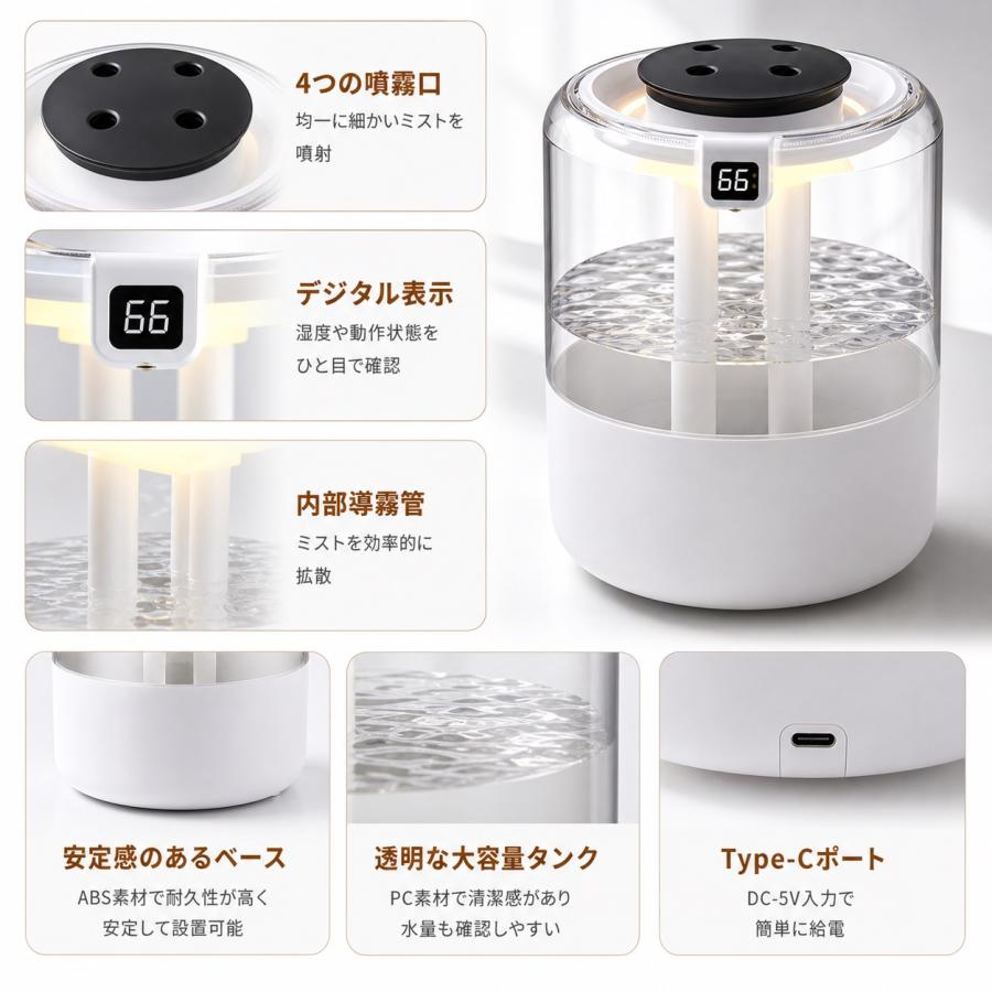 2026最新型 加湿器 卓上 大容量1.3L 超音波加湿器 小型 卓上加湿器 4連噴霧ノズル ミスト調節 3段階 LEDライト付 静音 お手入れ簡単 ウイルス対策 乾燥防止 |  | 04