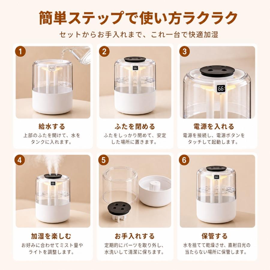 2026最新型 加湿器 卓上 大容量1.3L 超音波加湿器 小型 卓上加湿器 4連噴霧ノズル ミスト調節 3段階 LEDライト付 静音 お手入れ簡単 ウイルス対策 乾燥防止 |  | 05