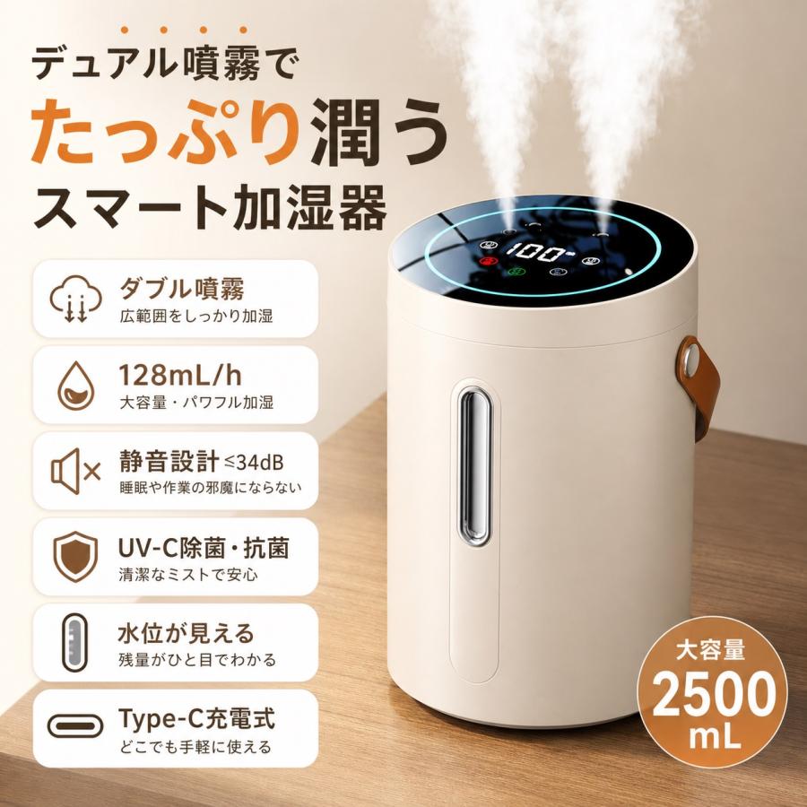 2026最新型 加湿器 大容量2.5L 超音波加湿器 3段階ミスト調節 LEDライト付 UV除菌 強力加湿 空気浄化 静音 水漏れ防止 空焚き防止 乾燥防止 花粉 上部給水 | 
