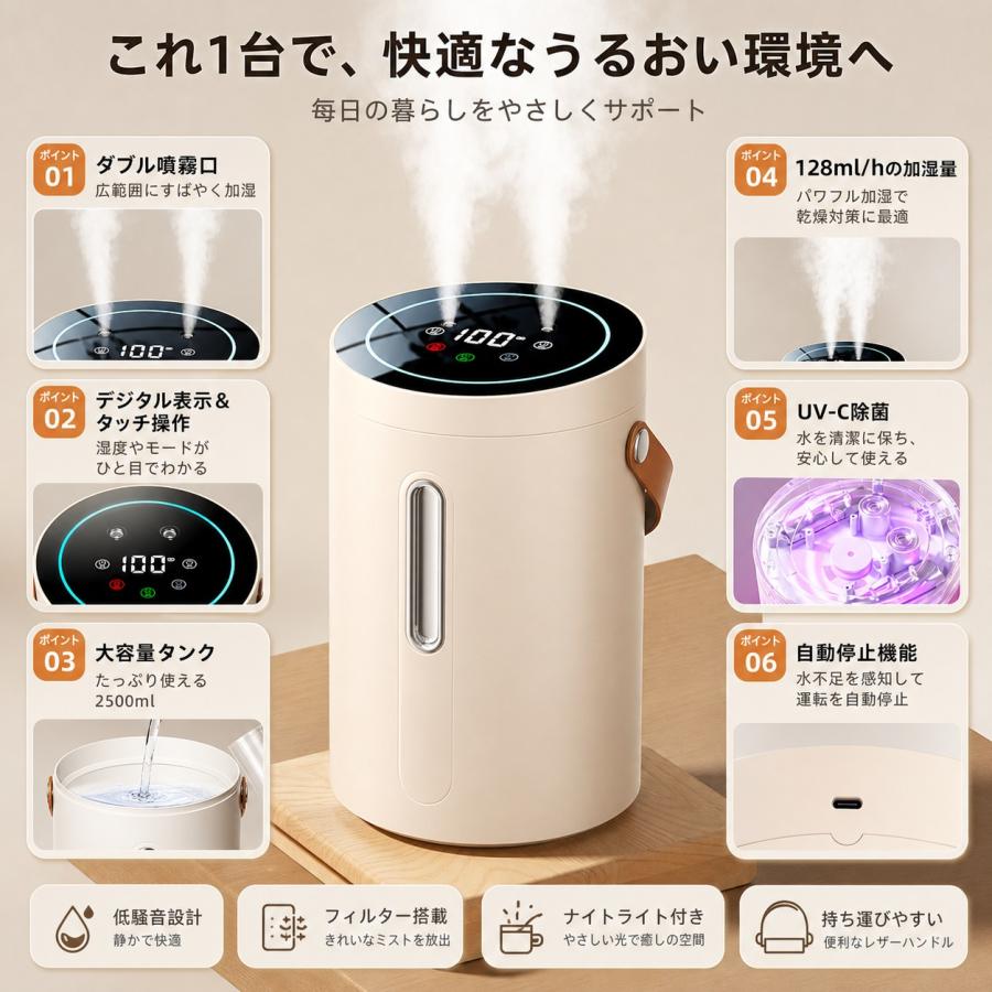 2026最新型 加湿器 大容量2.5L 超音波加湿器 3段階ミスト調節 LEDライト付 UV除菌 強力加湿 空気浄化 静音 水漏れ防止 空焚き防止 乾燥防止 花粉 上部給水 |  | 03