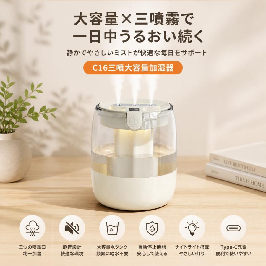 2026最新型 加湿器 大容量3L 超音波加湿器 トリプルスプレー 強力加湿 LEDライト付 静音 ウイルス対策 乾燥防止 花粉 上部給水 オフィス 寝室 省エネ |  | 08