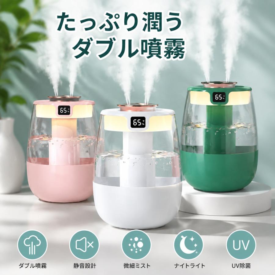 2026最新型 加湿器 大容量1L 超音波加湿器 トリプルスプレー 強力加湿 LEDライト付 静音 乾燥防止 花粉 上部給水 オフィス 寝室 省エネ | 