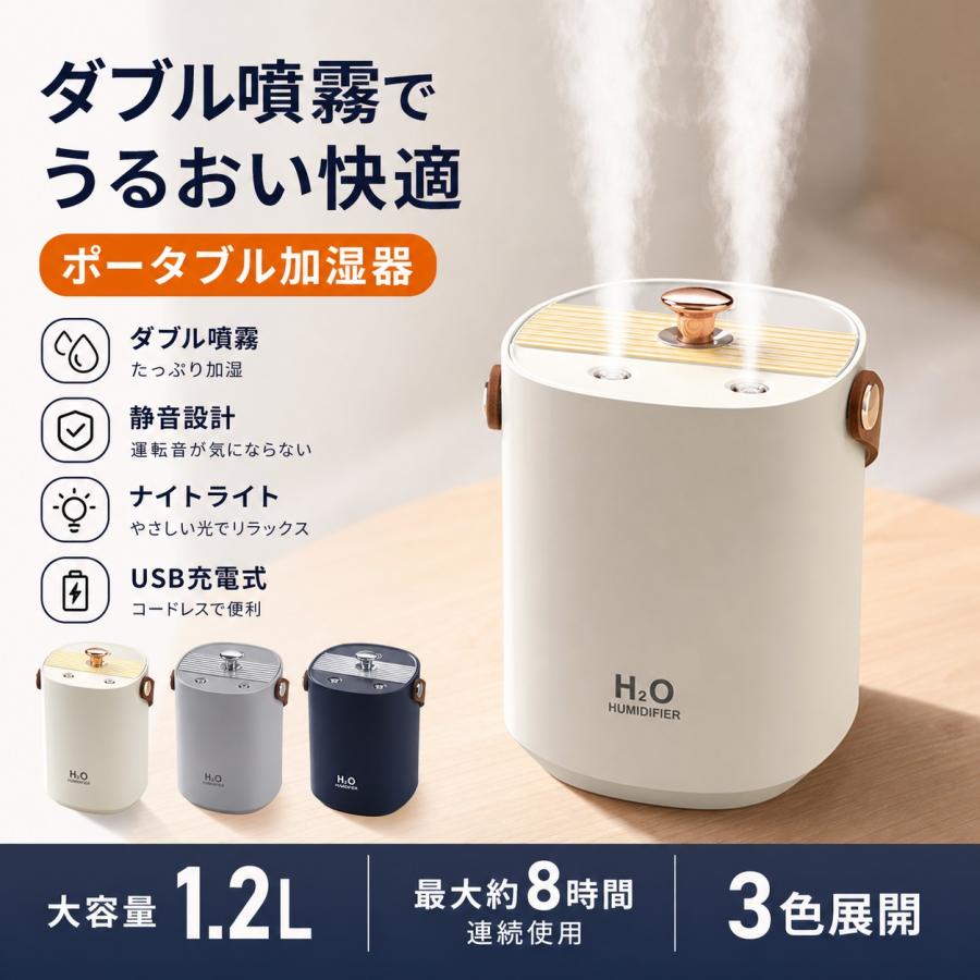 超音波式加湿器 大容量 加湿器 1200ml USB給電 ダブルミスト 効率的 卓上 乾燥対策 LEDライト付 静音 省エネ 安心安全 寝室 オフィス ミストボックス | 