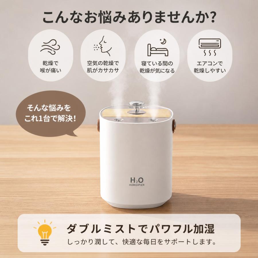 超音波式加湿器 大容量 加湿器 1200ml USB給電 ダブルミスト 効率的 卓上 乾燥対策 LEDライト付 静音 省エネ 安心安全 寝室 オフィス ミストボックス |  | 01