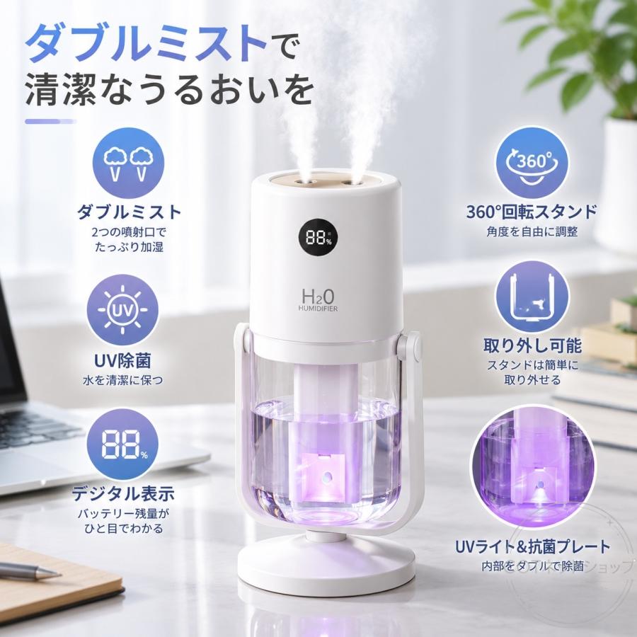 進化型 コードレス 加湿器 超音波式 抗菌 小型 ダブル噴霧 卓上加湿器 卓上 上部給水 角度調整 空焚き防止 LEDライト 静音 節電 車 ミニ加湿器 充電式 オフィス |  | 03