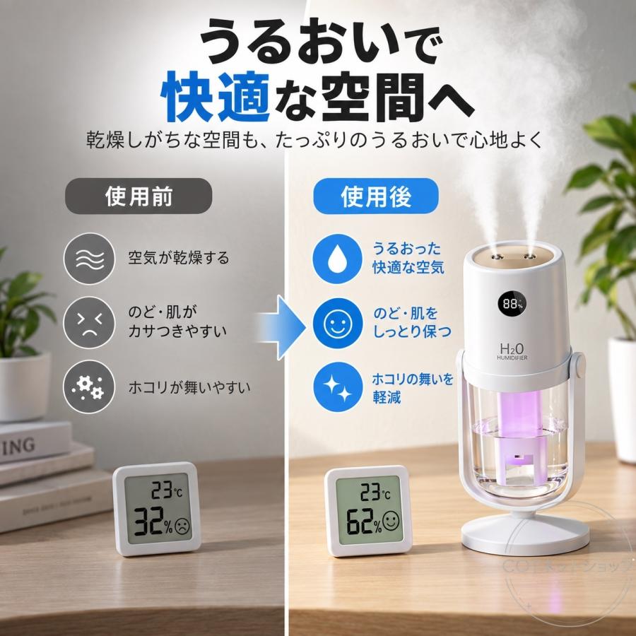 進化型 コードレス 加湿器 超音波式 抗菌 小型 ダブル噴霧 卓上加湿器 卓上 上部給水 角度調整 空焚き防止 LEDライト 静音 節電 車 ミニ加湿器 充電式 オフィス |  | 06