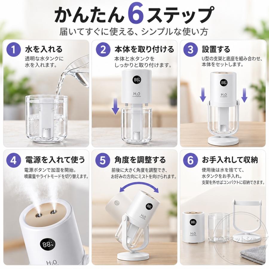 進化型 コードレス 加湿器 超音波式 抗菌 小型 ダブル噴霧 卓上加湿器 卓上 上部給水 角度調整 空焚き防止 LEDライト 静音 節電 車 ミニ加湿器 充電式 オフィス |  | 07