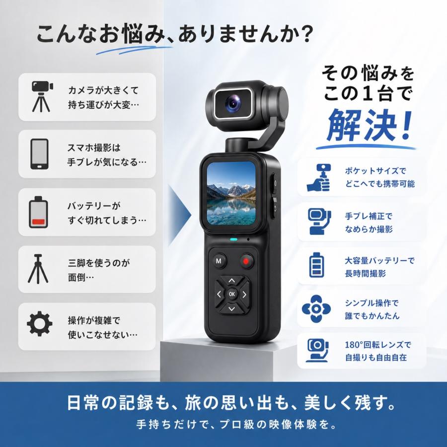 アクションカメラ 4k ポケットカメラ タッチパネル 手持ち撮影 180度回転レンズ 搭載 1.69インチHD画面 CMOSセンサー USB対応 自撮り 風景撮影 旅行 |  | 01