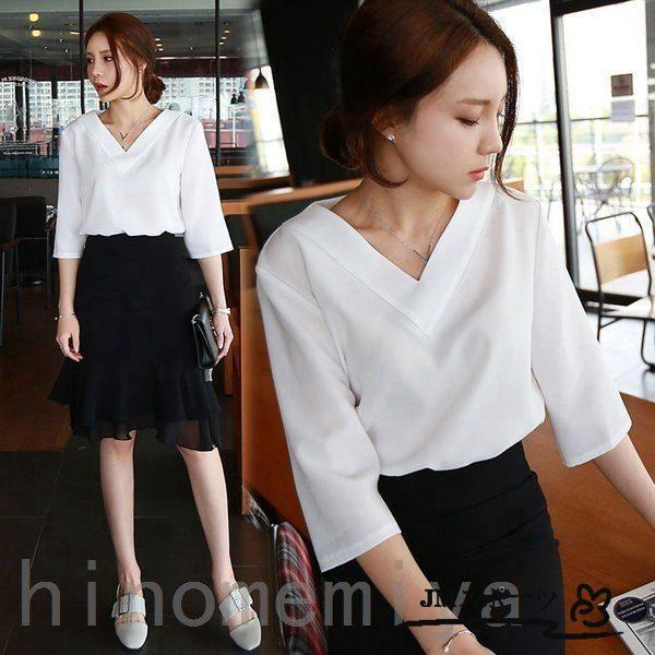 Tブラウス シャツ スーツ インナー ブラウス Vネック 七分袖 フレアスリーブ オフィス カジュアル レディース フォーマル トップス スキッパーシャツ カットソー Gwyys74nzr トップス Panamericanschool Pa Net