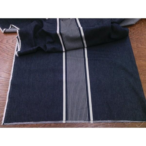 綿麻 ストライプ生地 紺(デニム ヘリンボーン）×白 : コットンハウス