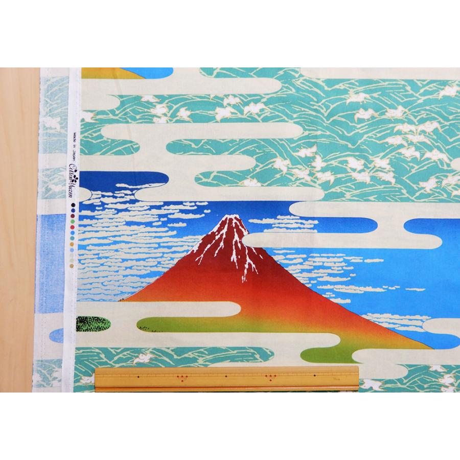 生地 和柄 浮世絵風 霞富士 赤富士 富士山 布 シーチング 110cm 生地 和柄 浮世絵風 霞富士 赤富士 富士山 布 シーチング 110cm