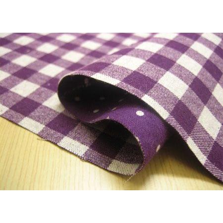 生地 コットンリネン チェックと水玉柄 綿麻 布 リバーシブル 紫