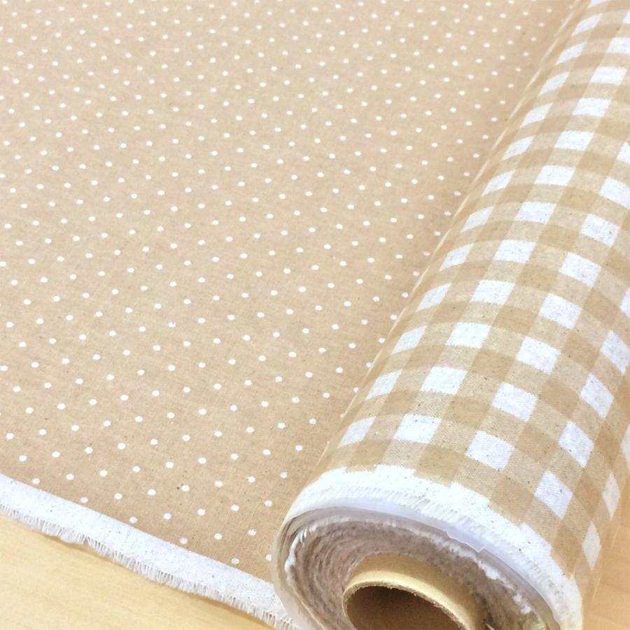 ラミネート 生地 チェックと水玉 綿麻リバーシブル 布 ドット ベージュ