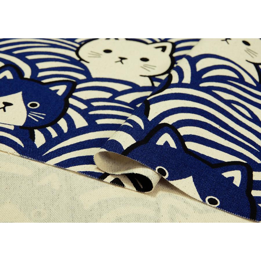 オーダー受付　猫耳ハウス　猫柄パネル生地　和柄 和柄 生地 猫柄 青海波猫 フェイス オックス 紺 黒 系 ねこ 布地 商用