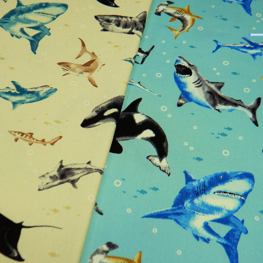 生地 魚 サメ柄 子供 布 布地 オックス 海の生き物 きなり ブルー 系