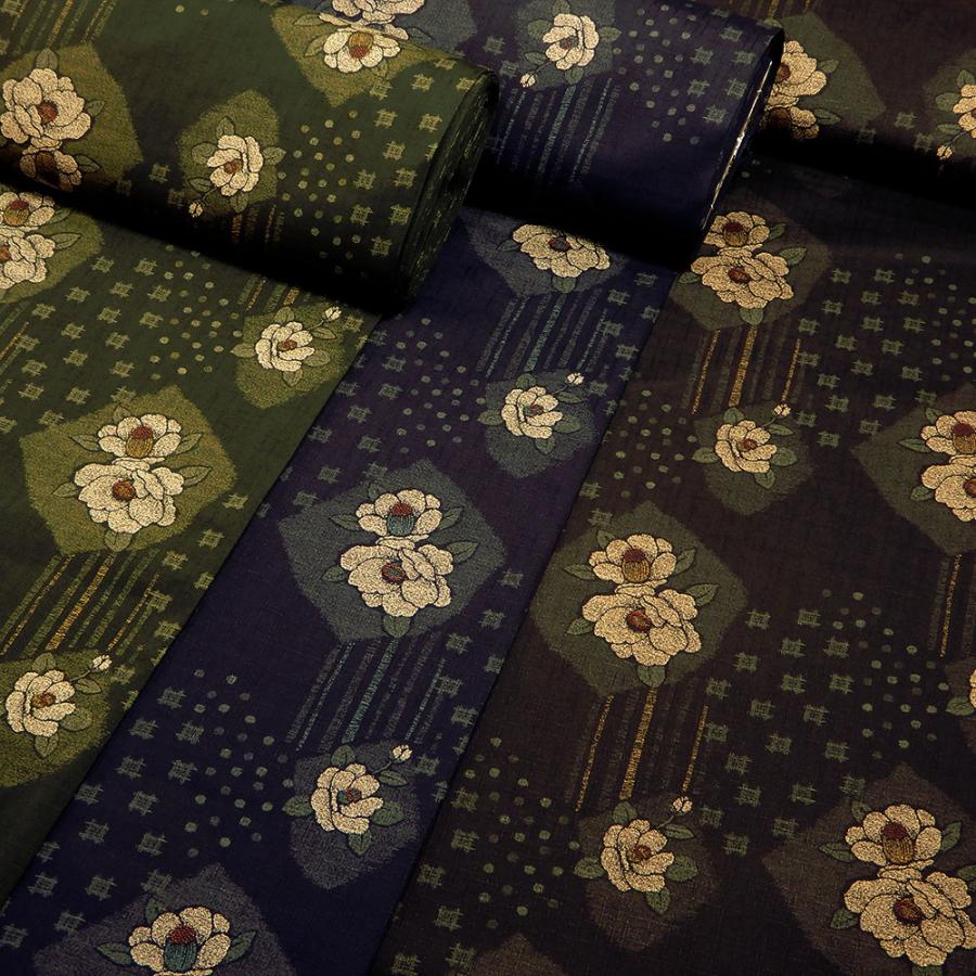 和柄 生地 サザンクロス 椿合わせ絣文様 レトロ コットンこばやし 黒