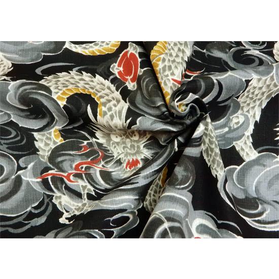 生地 和柄 轟 雲龍 綿 布 おしゃれ ドビークロス ドラゴン 黒 布地 
