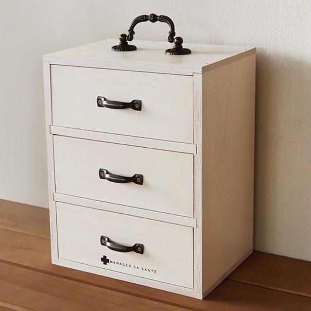 救急箱 引き出し収納 おしゃれ 木製 3段チェストアンティーク 薬