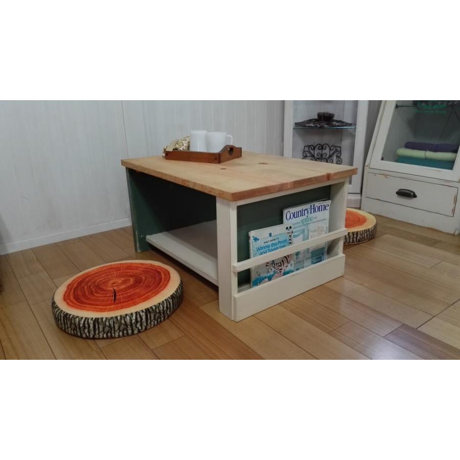 ハンドメイド ブックシェルフ付きツートンローテーブル カントリー 