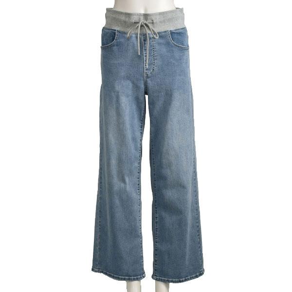 パシオーネ ワイド パンツ デニム ライトブルー ブリーチ ストレッチ  