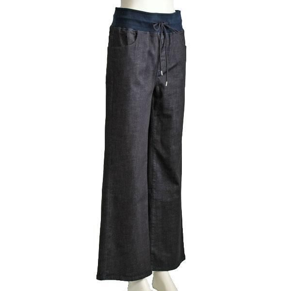 パシオーネ ワイド パンツ デニム ジーンズ ネイビー インディゴ ストレッチ 40代 50代_2
