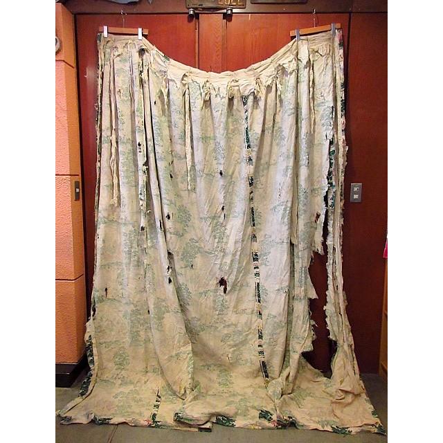 ビンテージ40's☆風景柄バーククロスカーテンA 239cm×157cm☆200409s7