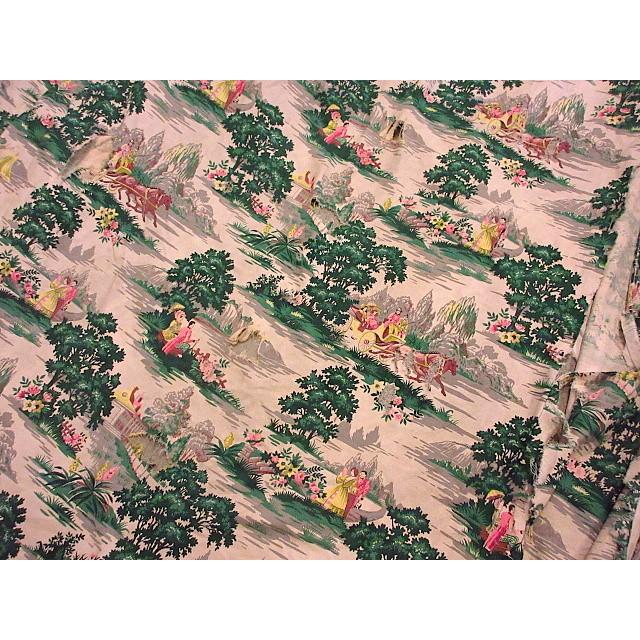 ビンテージ40's☆風景柄バーククロスカーテンA 239cm×157cm☆200409s7