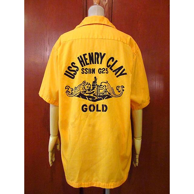 ビンテージ50's●USS HENRY CLAY SSBN-625ミリタリープリントボウリングシャツ黄 Size L●200811s3-m-sssh-bw 1960's USN米海軍半袖古着