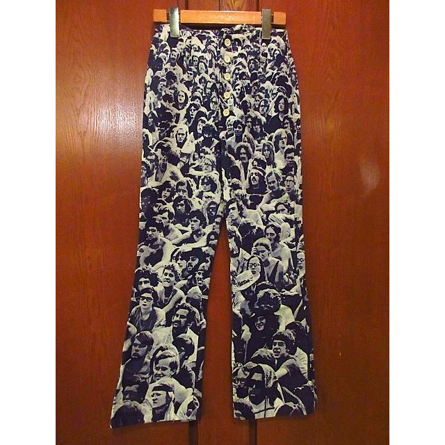 ビンテージ70's○WOODSTOCK剥き出しボタン総柄フレアパンツW60cm ビンテージ70's○WOODSTOCK剥き出しボタン総柄フレアパンツW60cm
