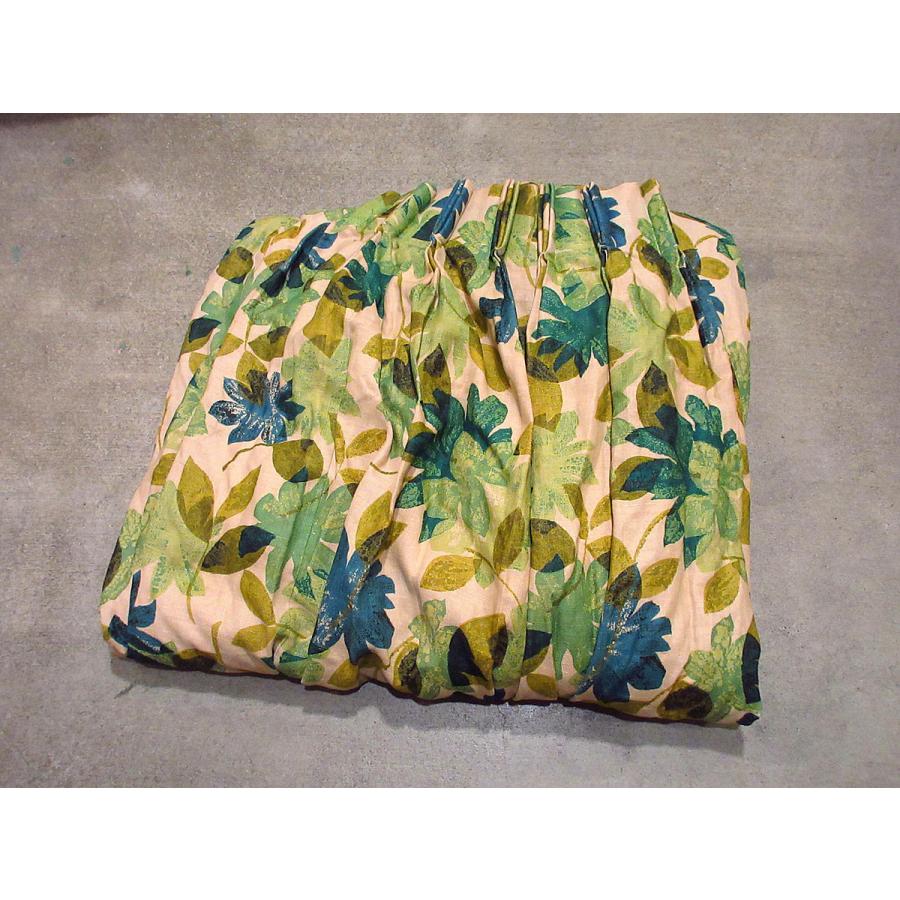 ビンテージ50's60's○リーフ柄リネンカーテン 216cm×233cm○210727j3