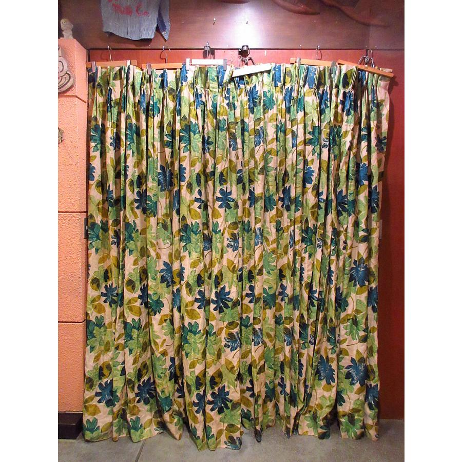 ビンテージ50's60's○リーフ柄リネンカーテン 216cm×233cm○210727j3