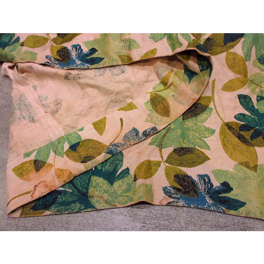 ビンテージ50's60's○リーフ柄リネンカーテン 216cm×233cm○210727j3