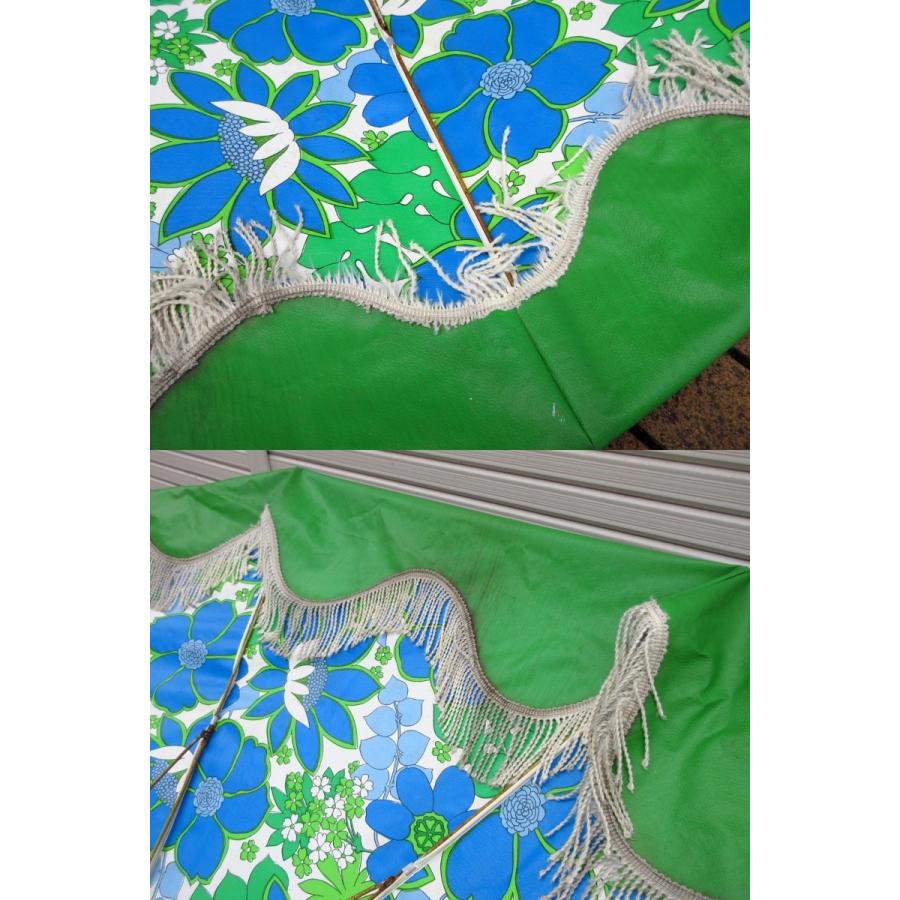 緑色 花柄 フリンジ付き 内装品 ビンテージ70's○SUNLINE フリンジ付き裏地花柄ビーチパラソル