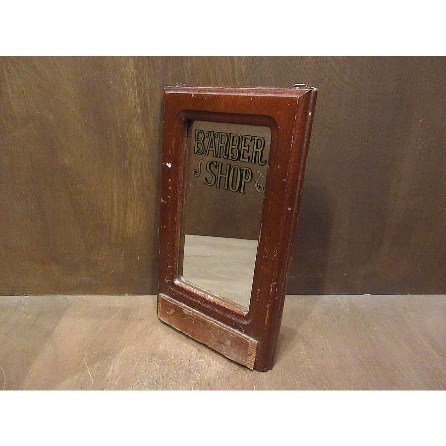ビンテージ BARBER SHOPウッドフレーム壁掛けミラー 210806s8signバーバーショップインテリアUSAディスプレイ雑貨鏡木製