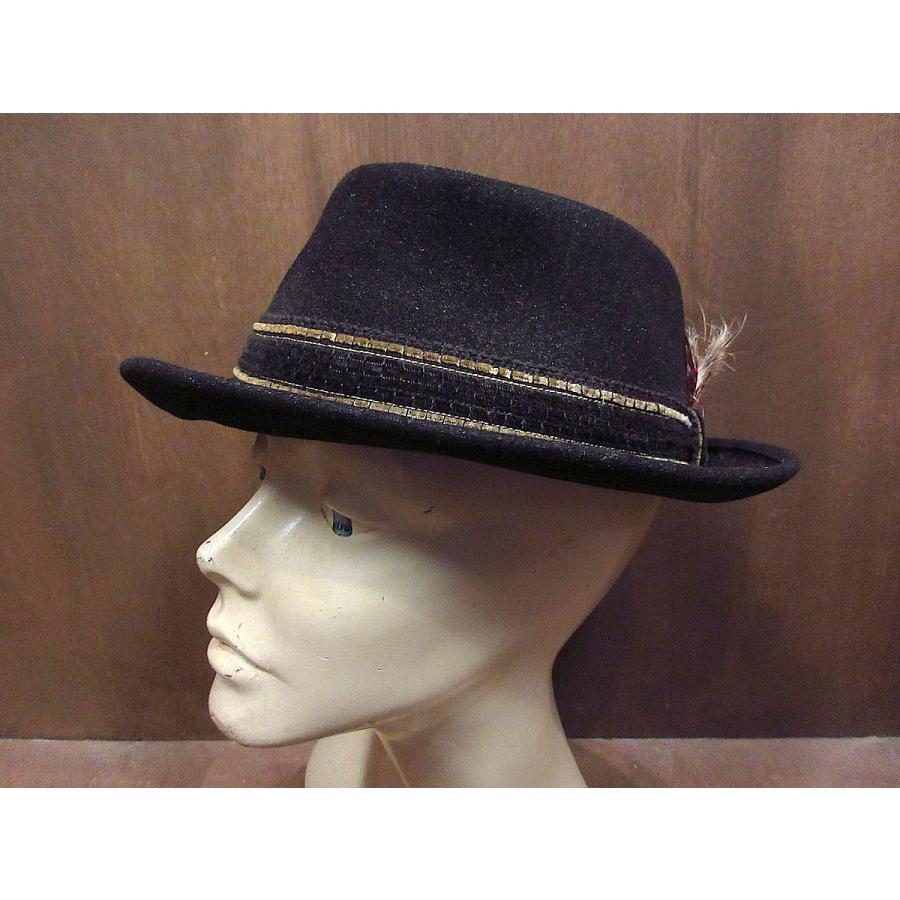 50s 60s ハット　黒　58センチ　ヴィンテージ ビンテージ50's60's○PORTIS羽根飾り付きポークパイハット黒size 7 1/4