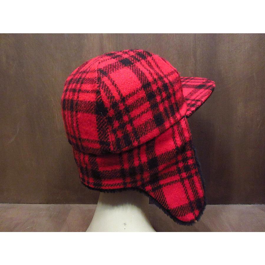 ビンテージ70's80's○Eddie Bauer耳当て付きチェックウールキャップ赤