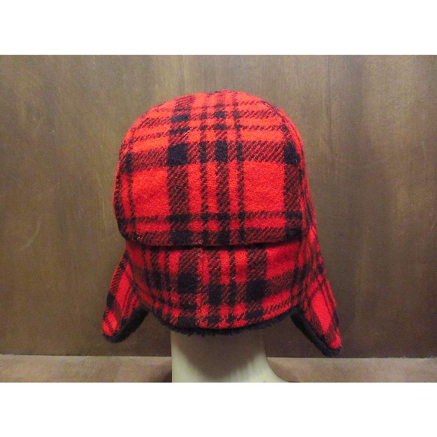 ビンテージ70's80's○Eddie Bauer耳当て付きチェックウールキャップ赤